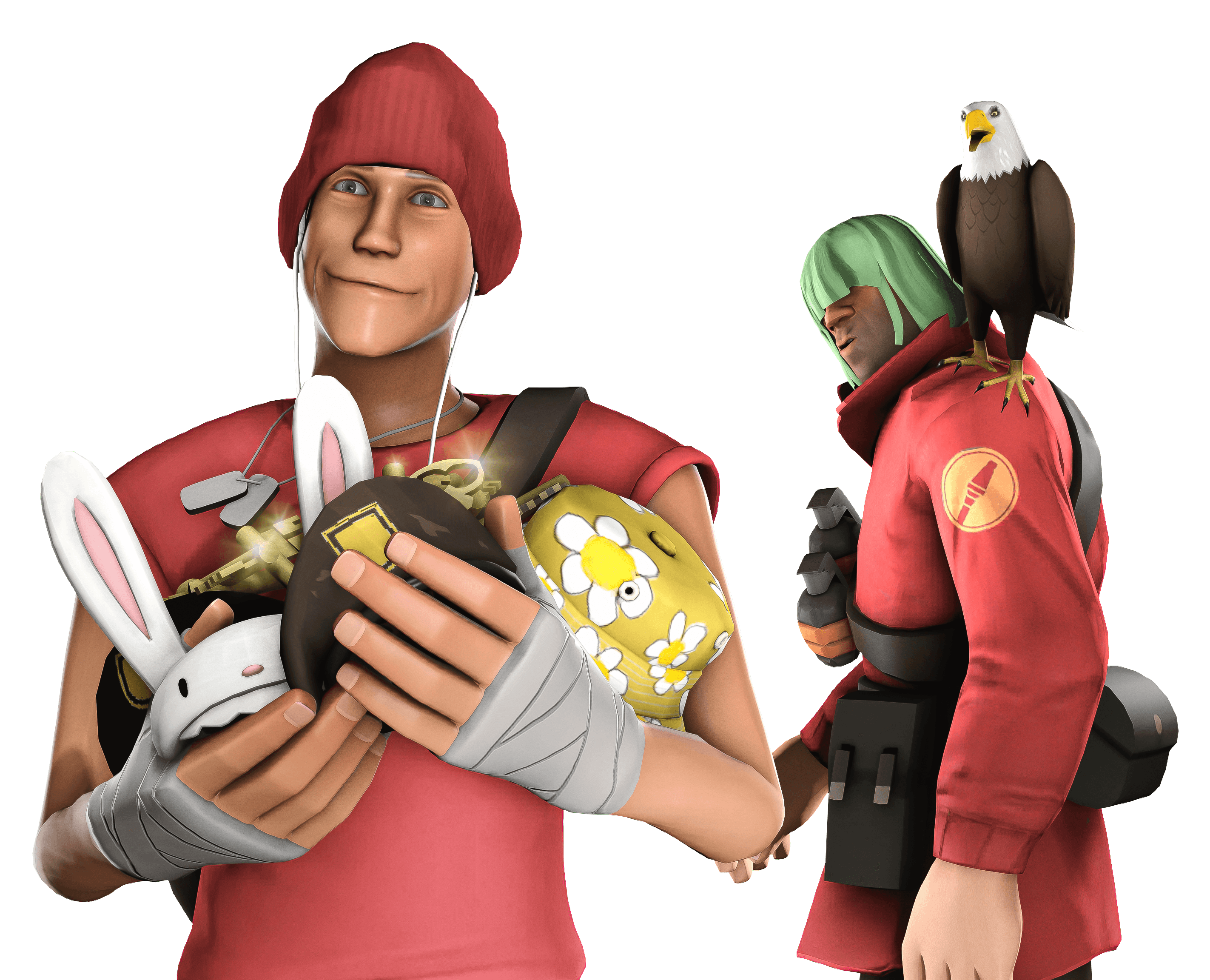 A Scout and a merc showing off their loadouts